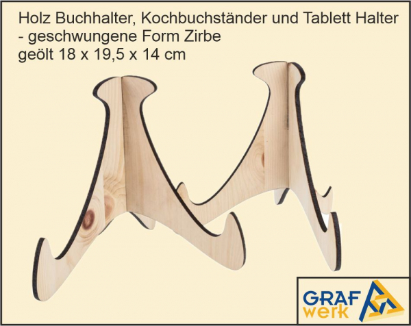 Zirbe geölt Buchständer und Tablett Halter - geschwungene Form 18 x 19,5 x 14 cm